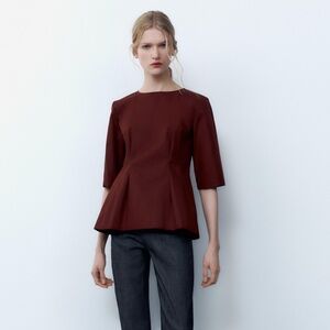 Zara Burgundy peplum tailored flared short sleeve top NEW